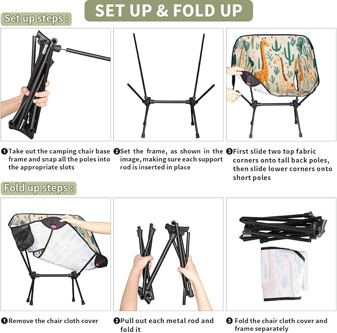 Animal Giraffe Flowers Camping Chair Lightweight Portable Chairs for Adults Easy Installation Outdoor Foldable Camping Chair for Camping Fishing Hiking Picnic Beach