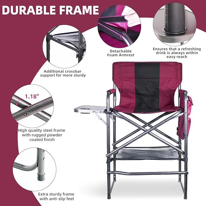 30 Tall Directors Chair with Side Table 400LBS Bar Height Folding Camping Chair for Makeup Artists Outdoor Events Portable Foldable Chair with Cup Holder &amp footrest - Light Wine Red