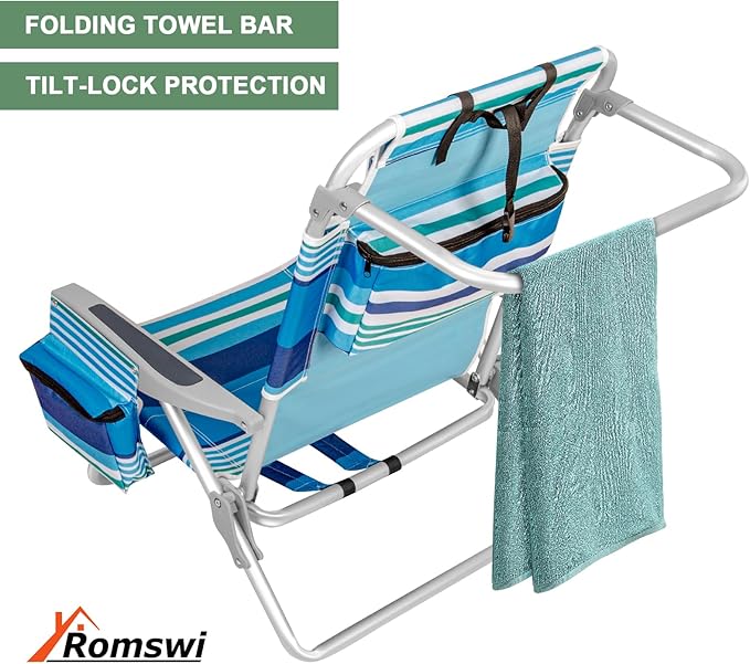 2Pk Aluminum 5-Position Lay Flat Folding Backpack Beach Chairs for Adults with Cooler Bag Cup&ampPhone Holder Towel Bar for Outdoor Lawn Picnic Sport Portable Foldable Camping Chairs Blue Stripe