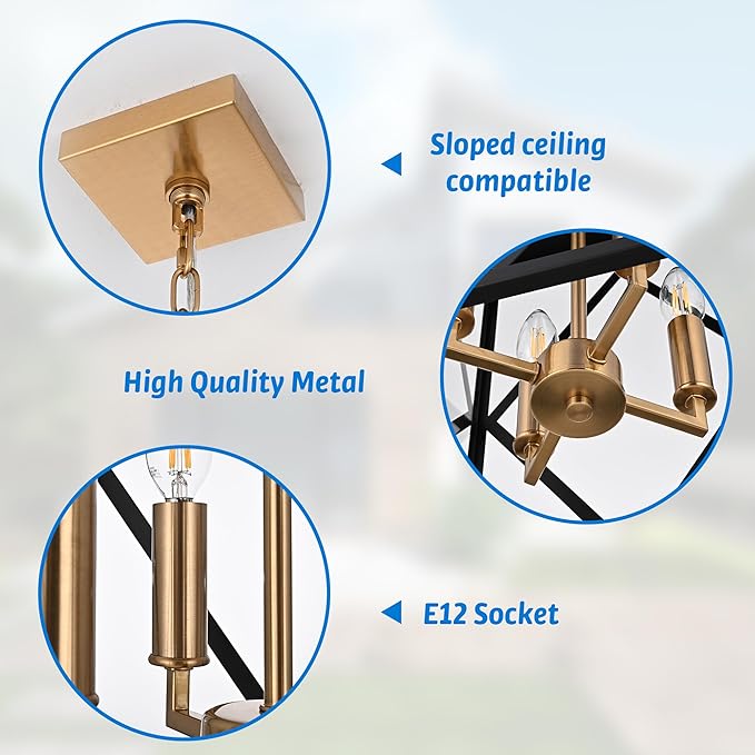 Outdoor Pendant Light for Porch 4-Light Modern Metal Exterior Hanging Lantern Pendant Light Outside Chandelier Black with Clear Glass or Front Porch Entrance Foyer Entryway Brass Socket