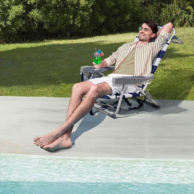 Portable Beach Chair with Backpack Straps Blue and White Striped Aluminum Frame 100kg Capacity