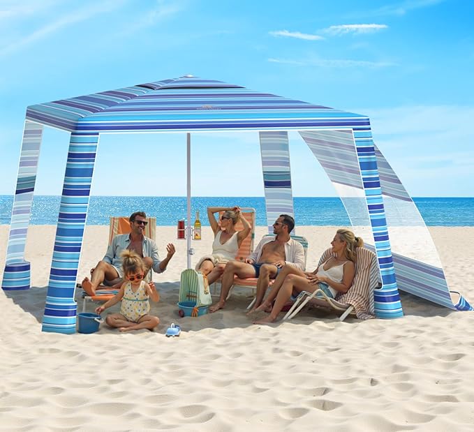 Rhino Valley Beach Cabana 8 * 8FT Beach Tent UPF50+ Protection Easy Setup Beach Canopy Wind Resistant with Cup Holder Compact Beach Shade Foldable Beach Tent Sun Shelter Blue Four Stripes