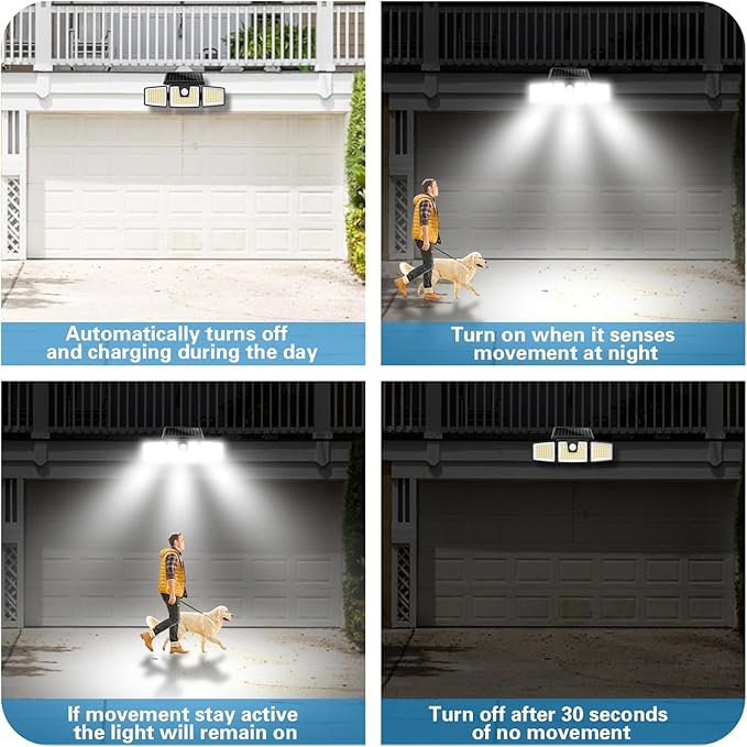 AmeriTop Solar Lights Outdoor 2 Pack LED High Brightness Cordless Solar Motion Sensor Lights 3 Adjustable Heads 270° Wide Angle Illumination IP65 Waterproof Security LED Wall Light(Daylight)