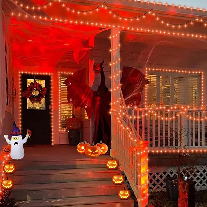 QITONG 165ft 500 LED Orange Christmas Lights Christmas String Lights Outdoor Waterproof with 8 Modes Green Wire Orange String Light Plug in Indoor with Timer Memory