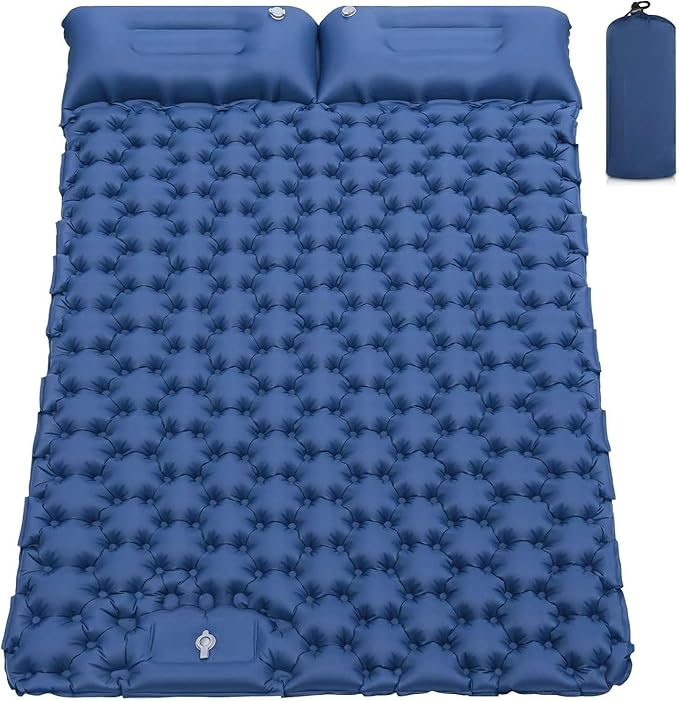 Inflatable Double Camping Mat with Pillow Build-in Foot Pump Ultralight Sleeping Air Pad for 2 Person Portable Sleeping Bed Compact for Camping Hiking Backpacking Outdoor (Blue Double)