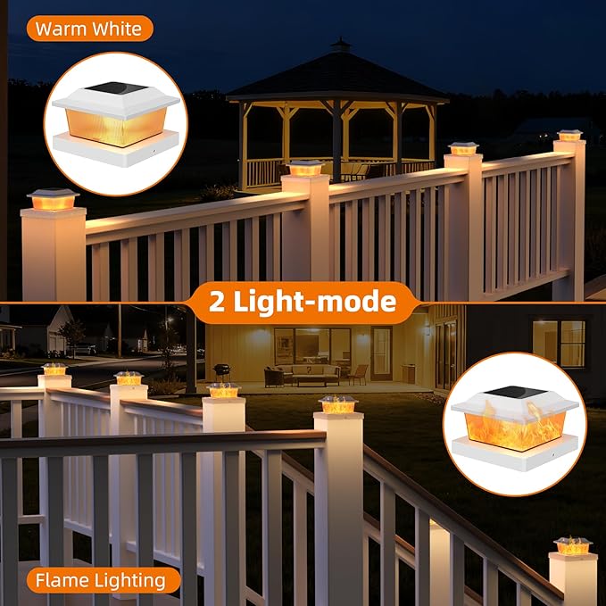 Solar Post Cap Lights 8 Pack Outdoor Flickering Flame Light Fit for 3.5x3.5 4x4 5x5 Vinyl/Wooden Post HIGT Brightness SMD LED Decor for Garden/Whiteyard - White