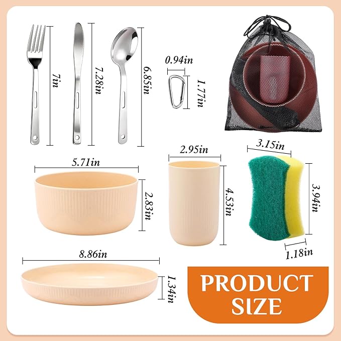 LemonRoad 32 Pcs/4 Sets Camping Dinnerwares 4 Person Camping Mess Kit with Plastic Plates Bowls Cups and Stainless Steel Cutlery Set for Family Rv Hiking Picnic Outdoor