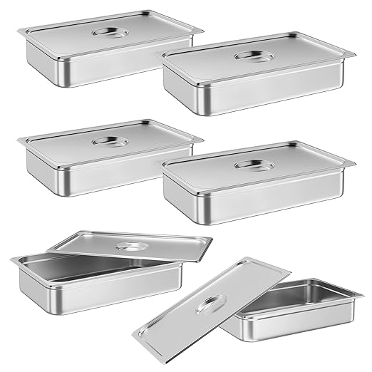 6 Pack Full Size Hotel Pan Steam Table Pan [NSF Certified][with Lid] Catering Food Pan Commercial Stainless Steel 4 Inch Deep Anti-Jamming