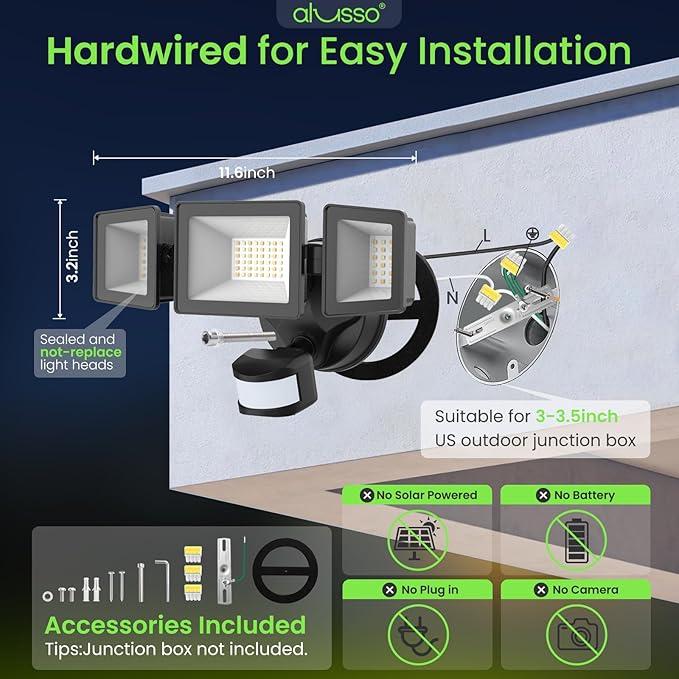 ALUSSO Motion Sensor Outdoor Lights Hardwired(Not Solar)40W 4500LM Flood Lights Outdoor 120V3 Modes(Dusk to Dawn/Auto/On Time) 3CCT 3000K/4000K/6500K Security Light for Garage Yard PorchBlackETL