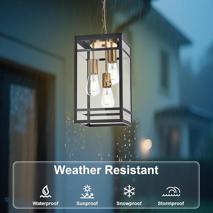3-Light Outdoor Pendant Lights for Porch Black &amp Brushed Brass Outdoor Chandelier 16'' Exterior Hanging Porch Light Fixtures w/Clear Glass Waterproof Outside Pendant Lantern for Garage