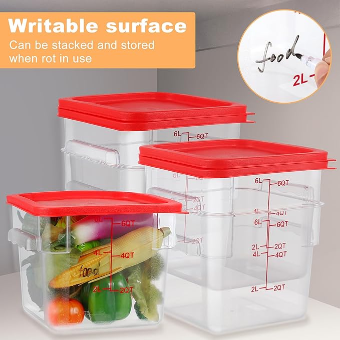 15 Sets 6 Qt Square Food Storage Containers with Lids Commercial Polycarbonate Containers Dough Proofing with Scale Clear Airtight Cereal for Pantry Home Restaurant