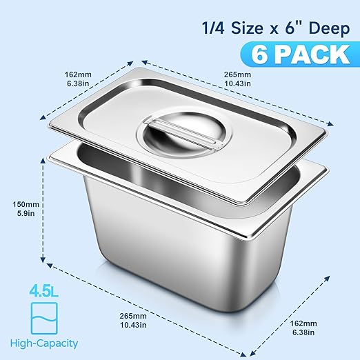 Hotel Pan With Lids 6 Pack 1/4 Size 6 Deep Stainless Steel Steam Table Pan Commercial Food Pans for Catering Buffet Chafing Dish Pans Metal Steam Tray (1/4 Size x 6 Inch Deep 6 Pack)