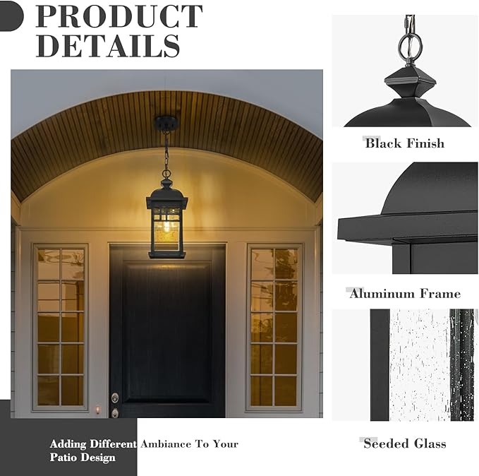Emliviar 20 Farmhouse Outdoor Pendant Light Large Outdoor Hanging Light for Porch Gazebo Black Finish Aluminum with Seeded Glass Shade DE279H-M BK
