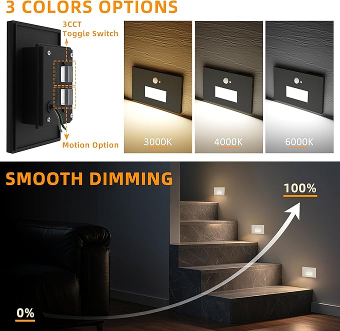 4 Pack Motion Sensor Stair Lights Indoor OutdoorDimmable Motion Activated Step Lamp 3000K/4000K/6000KHardwired 120V 4W IP65 Waterproof Outside Stairway LightLed Staircase Lights- Black