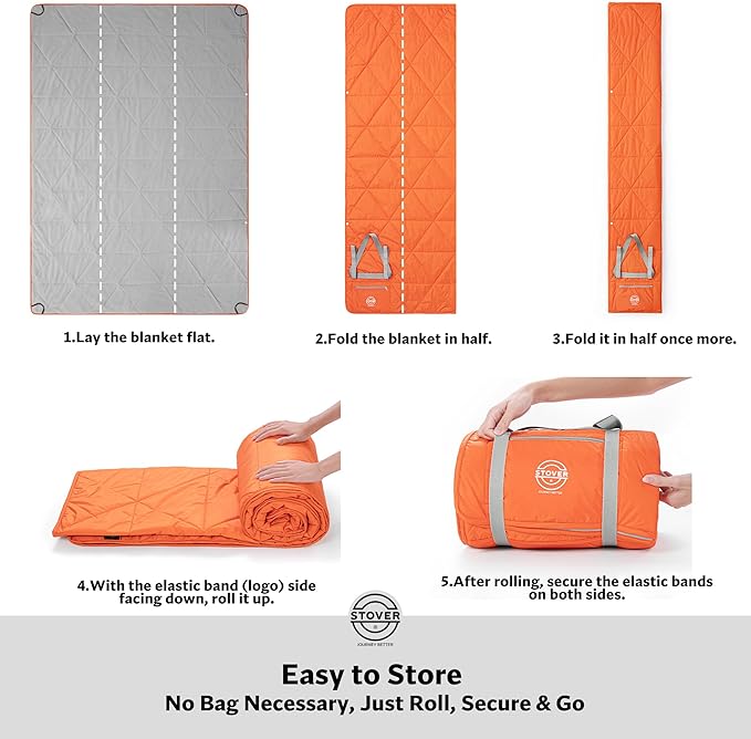 STOVER Large Waterproof Outdoor Stadium Blanket- Extra Thick Soft Fleece Camping Blanket for Travel Picnics Sports Dogs- 79x55 Warm Windproof Sand-proof Lightweight Packable (Game Day Orange)