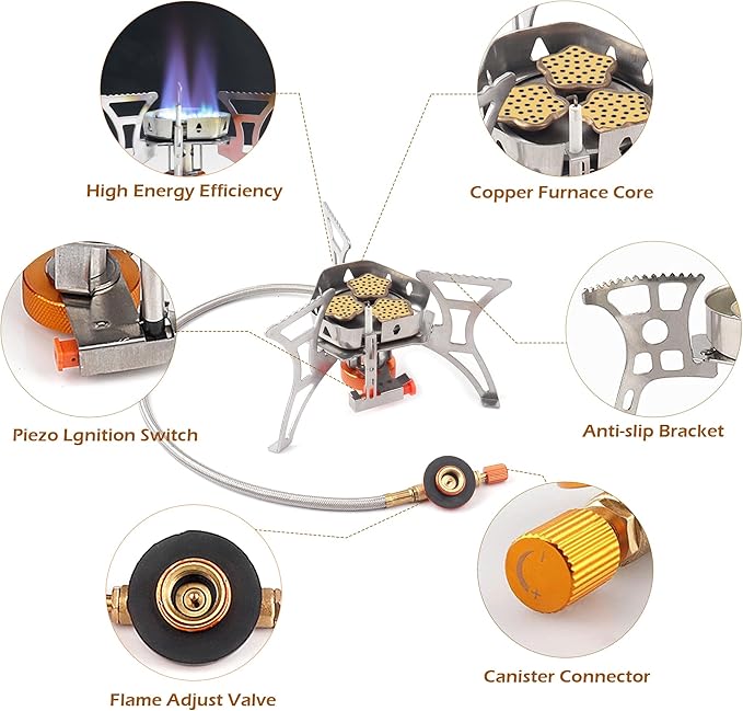 6800W Camping Stove with Piezo Ignition Portable Backpacking Gas Stove 1LB Propane Tank Adapter Butane Adapter for Outdoor Cooking Picnic Camping and Hiking