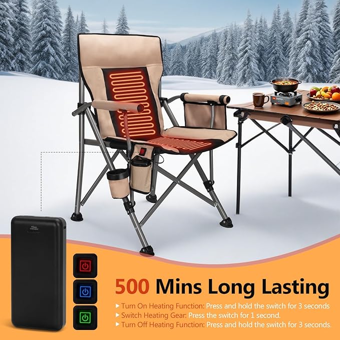 Heated Camping Chair with 20000 mAh Battery Loog-Lasting for 500 Mins Fully Padded Heated Camp Chairs Heavy Duty Folding Chairs Supports 500 lbs for Winter Camping Picnics Tailgating RV Travel