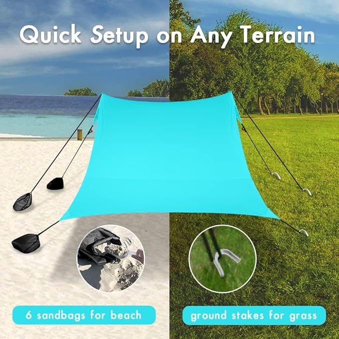 Beach Canopy Windproof Design Sun Shelter UPF50+ Portable Family Tent with 6 Sandbags Anchors 10x10 FT 2 Pole Pop Up Outdoor Shelter for Beach Camping Fishing Backyard