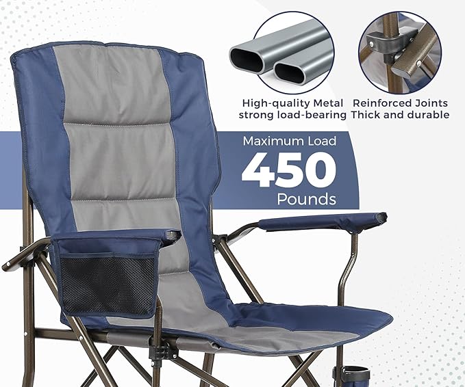 Large High Back Camping Chair for Adults - Oversized Comfortable for Tall People - Heavy Duty 450lbs Capacity K-Frame Padded Seat &amp Armrests for Sitting Fishing Lawn Outside Cup Holder (Blue)