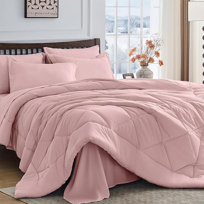 HEVUMYI Dusty Pink Cali-King Comforter Set - 7-Piece All Season Bed in a Bag Cali-King Ultra Soft Bedding Set with Comforter Flat Sheet Fitted Sheet Pillowcases Pillow Shams