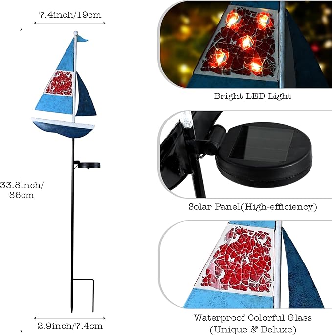 Solar Garden Lights Sailboat Stake Decor-Yard Outdoor Statue Decorations Waterproof 5 LED Metal Landscape Lighting Flower BedPondYardLawn Gift for Mom Grandma Women