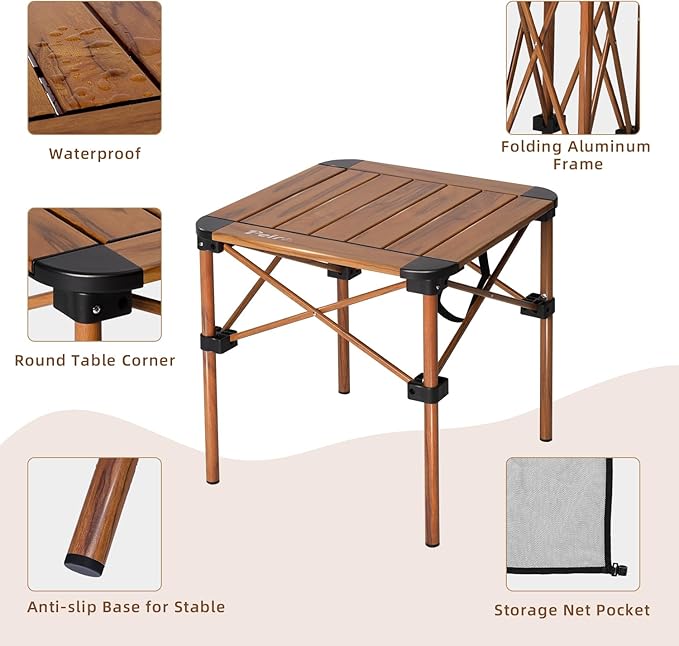 Folding Camping Table Portable Lightweight Aluminum Camp Table Roll Up Top with Storage Net for Outdoor Camping Picnic Backyards BBQ(Woodgrain 15.8 x 15.8 x 15.8in)
