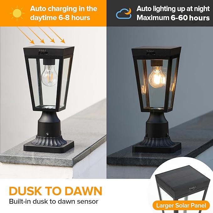 LUTEC Outdoor Solar Lamp Post Light with Pier Mount Base Dusk to Dawn Waterproof Post Light Fixtures Black Solar Powered Aluminum Post Lights for Outside