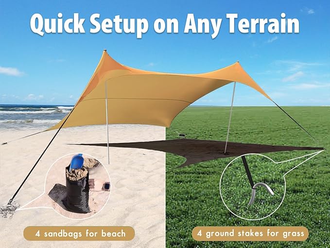 10×10ft UPF50+ Beach Tent Sun Shelter Windproof Stable Outdoor Pop Up Beach Shade Canopy for Camping Fishing Backyard Fun or Picnics 2 Poles