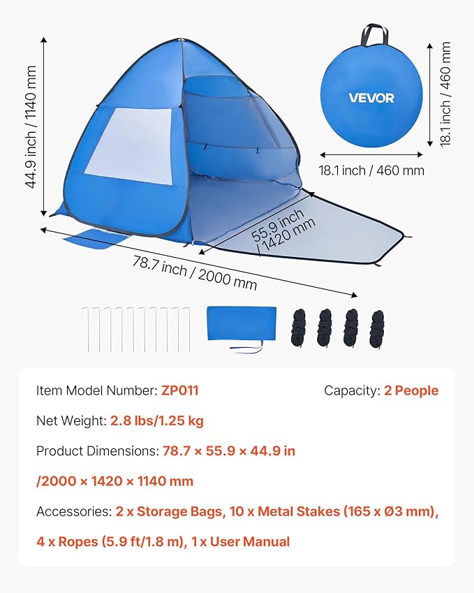 VEVOR Beach Tent Sun Shelter for 2 Person UPF 50+ Protection Portable Sun Shade Beach with Carrying Bag &amp Sand Pockets Lightweight and Easy Setup Beach Umbrella for Camping Fishing Outdoor Picn