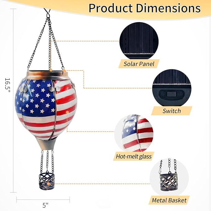 Glass Solar Hot Air Balloon Lantern with Flame Hanging Garden Flickering Light Outdoor Waterproof for Yard Patio Tree 4th of July Decorations Flag
