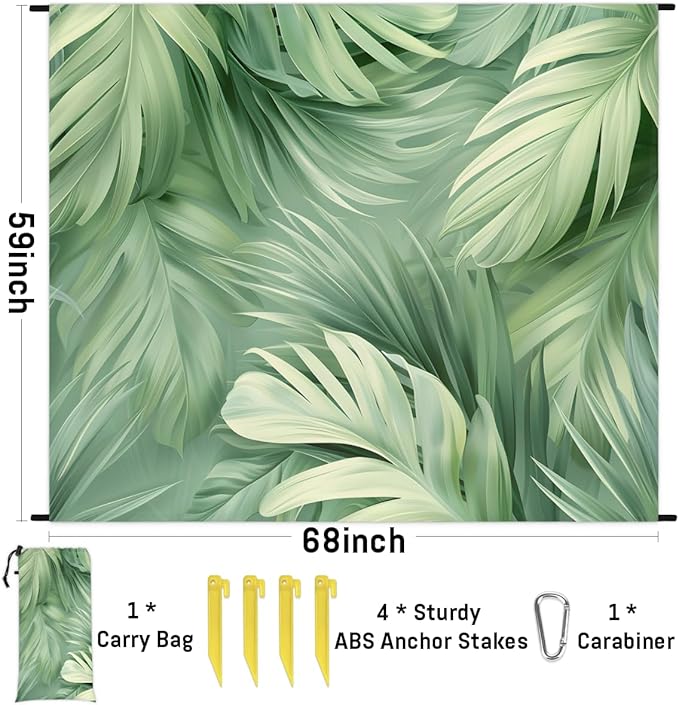 Waterproof Sandproof Beach Blanket 59''×68'' Coconut Leaves Polyester Outdoor Picnic Blanket with 4 Stakes &amp Storage Bag for BeachCampingVacation Winter Green