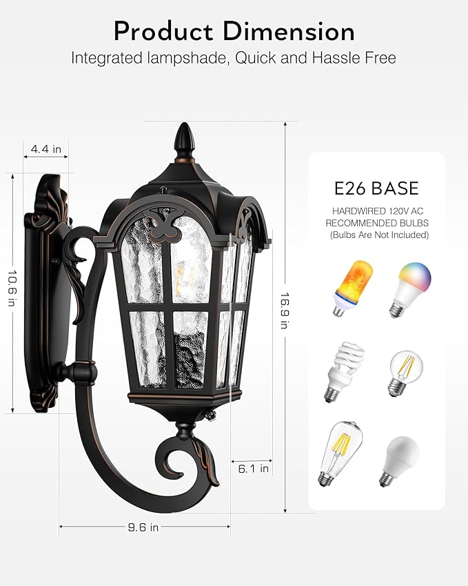 VIANIS 2 Pack Outside Lights for House Dusk to Dawn Black Exterior Light Fixture Wall Mount Anti-Rust Modern Outdoor Sconce Lantern with Rippled Glass for Front Porch Garage Hardwired Non-Solar