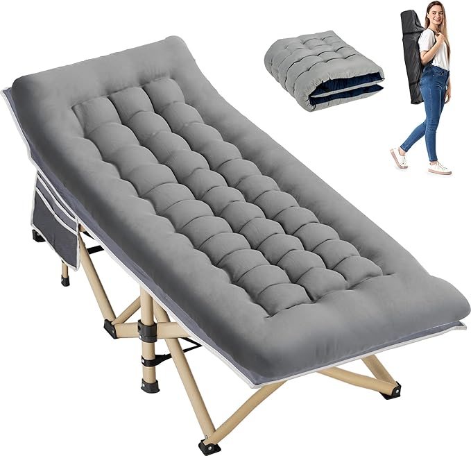 Folding Camping Cot for Sleeping Portable Cots for Adults Heavy Duty Cot Bed 550LBS(Max Load) Extra Wider Cots with Large Pocket for Outdoor Office Beach