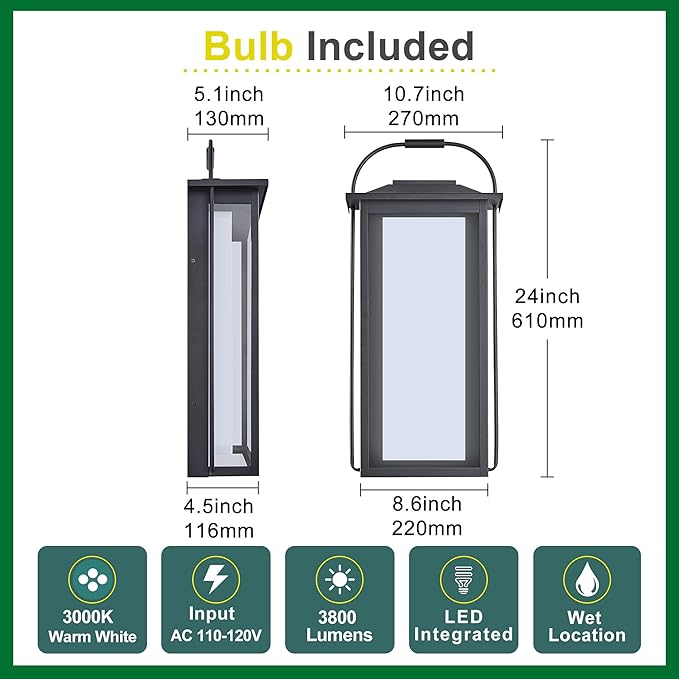 24 Ht Modern Oversized Outdoor Super Bright Wall Sconce with Built-in 2x20W LED Covered by Milky White Acrylic and Clear Glass Suitable for Big House Extra High Walls and Gates.