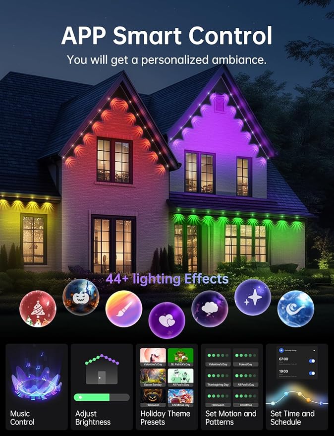 Permanent Outdoor Lights for House RGB+IC Christmas Eave Lights 120ft with 88 LED Warm White IP68 Waterproof Smart Starry Outside Light with App/Remote for Holiday Halloween Daily Lighting(Black)