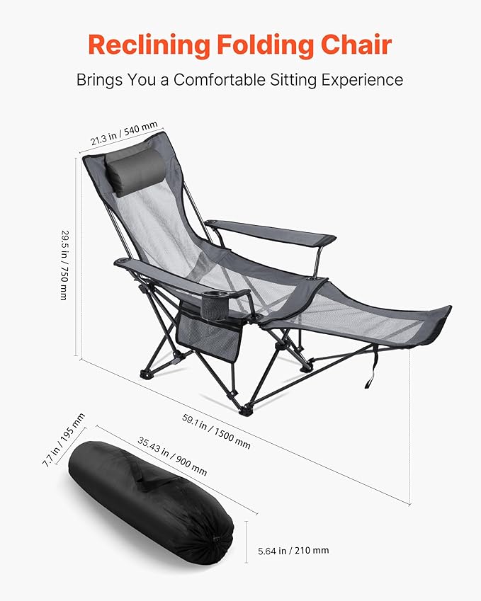 VEVOR Reclining Camping Chair 4 Adjustable Positions Portable Folding Lounger for Adults Mesh Beach Chair with Headrest &amp Foot Rest Supports 220 lbs Heavy Duty Camp Chairs for Patio Gray