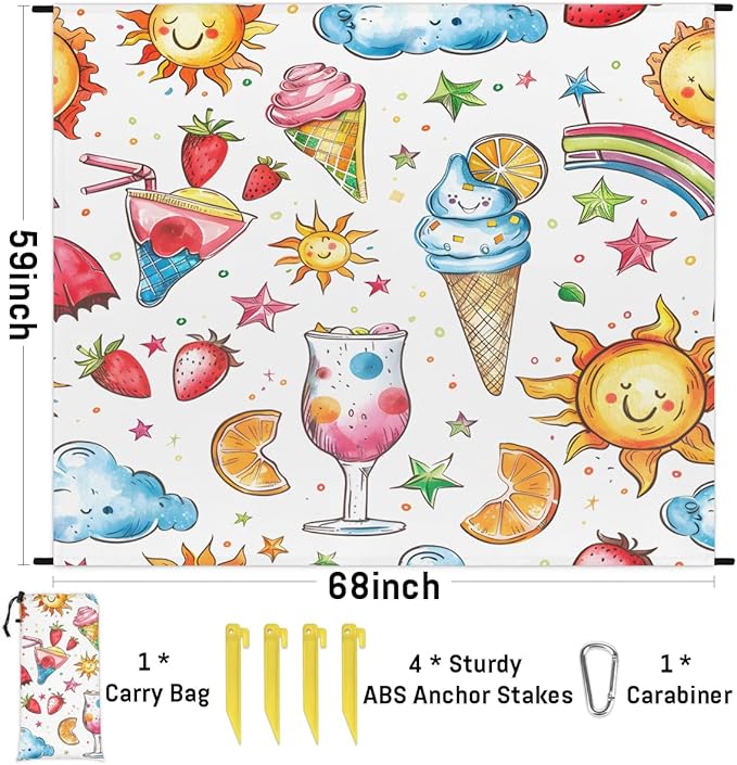 Waterproof Sandproof Beach Blanket 59''×68'' Freedom Ice Cream Polyester Outdoor Picnic Blanket with 4 Stakes &amp Storage Bag for BeachCampingVacation White Bottom