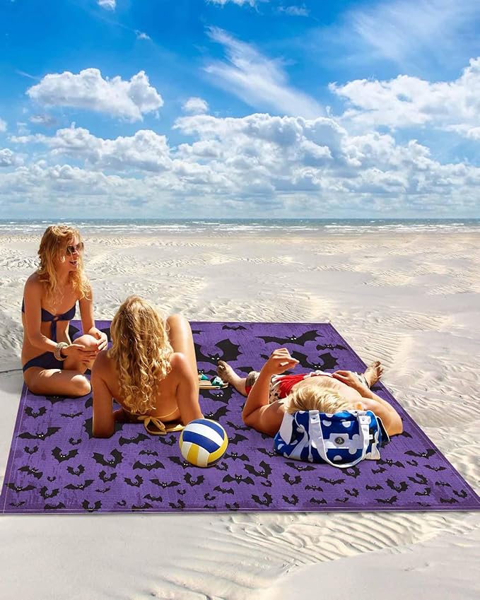 Beach Blanket Waterproof Sandproof Scary Halloween Bat Ombre Quick Drying Beach Mat with 4 Stakes Black and Purple Lightweight Picnic Blanket for Travel Camping Outdoor 95x80