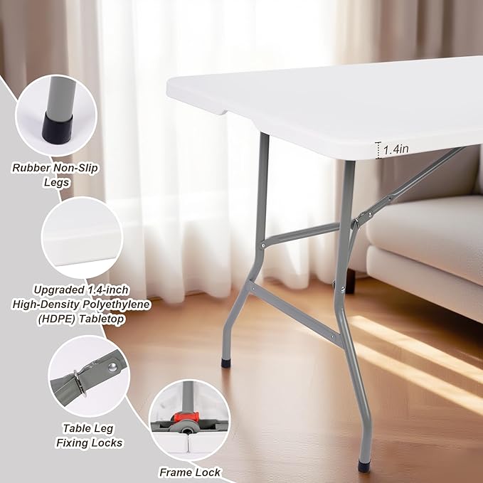 6ft Folding Table Portable Heavy Duty Plastic Utility Foldable Table Indoor Outdoor for Camping Party with Handle Lock - White (6 FT &amp Tablecloth)