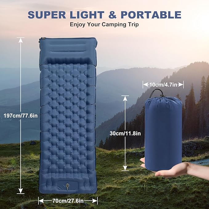 Camping Sleeping Pad with Pillow: Extra Thick 4.7 Inch Ultra-Light Self Inflating Air Mat Portable Waterproof Inflatable Sleep Mattress with Built-in Foot Pump for Outdoor Traveling (Navy Blue)