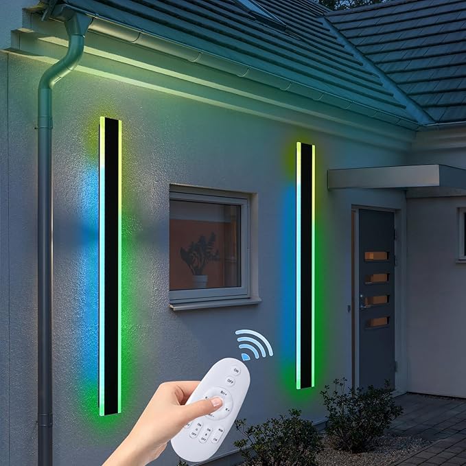 WINSEHN 2-Pack 60-Inch Long Linear Outdoor RGB Wall Light Fixtures 36W IP65 Waterproof Exterior Wall Mounted Entrance Lighting for Garage Porch House Remote Control Included