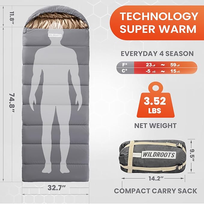WILDROOTS Warm Sleeping Bags for Adults Backpacking Lightweight Cold Weather Sleeping Bag for Warm Camping Hiking Outdoor Travel Hunting with Compression Bags