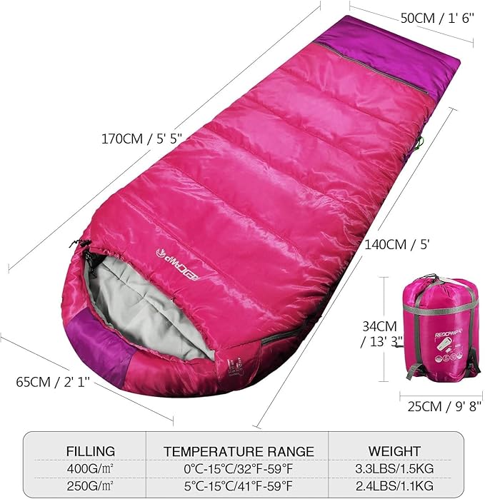 REDCAMP Kids Mummy Sleeping Bag for Camping 3 Season Cold Weather Sleeping Bag Fit BoysGirls &amp Teens Blue/Rose Red