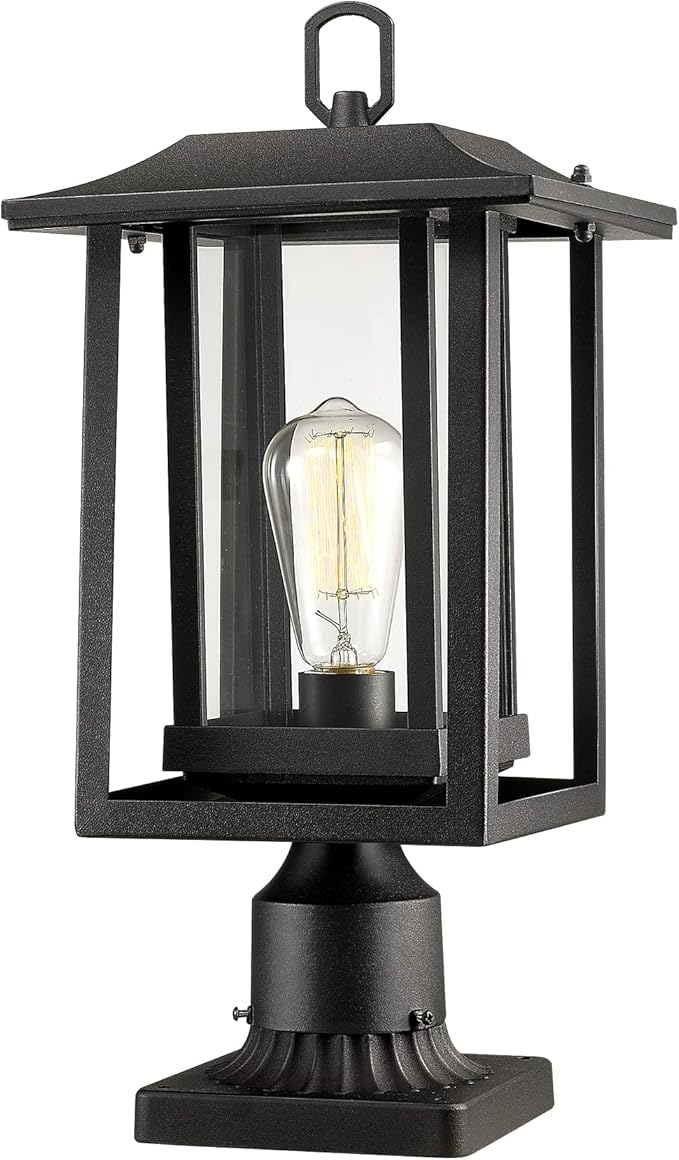 Beionxii Outdoor Post Light Large Exterior Lamp Post Light Pier Mount Lantern with Base Black Cast Aluminum w/Clear Glass (19 x 9) - A197P-1PK