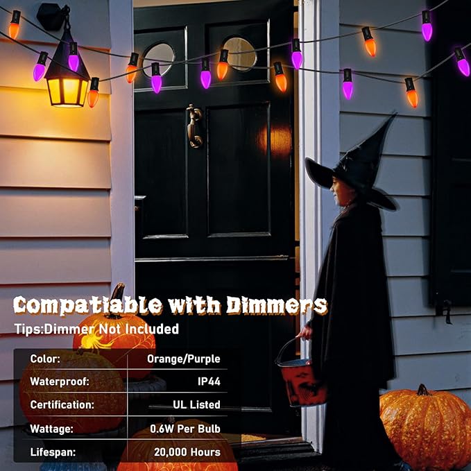 SUNSGNE C7 LED Halloween String Lights Outdoor 25FT Orange Purple String Lights with 27 Shatterproof Plastic LED Bulbs(2 Spare) for Patio Balcony Backyard Decor Black Wire