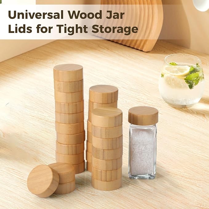 28 Pcs Wood Jar Lids Diameter Inner 1.6 Inches 4 Oz Spice Jars for Spice Jars Airtight Kitchen Jars Sealing Good Can Wooden Reusable Lids