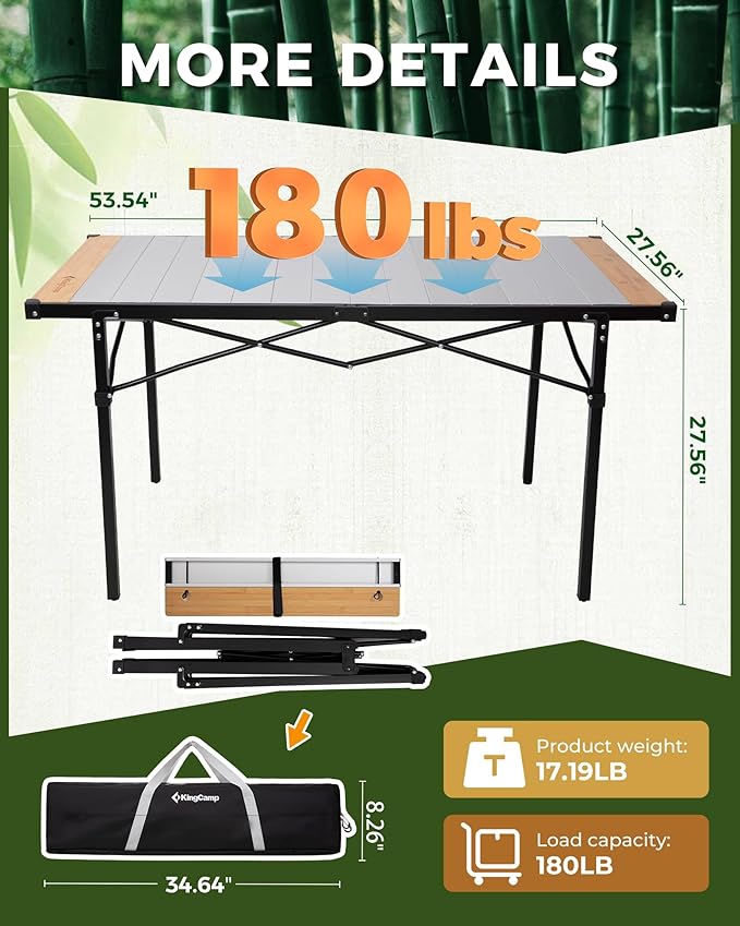 KingCamp Oversized Camping Folding Chair Heavy Duty 450 LBS with Lumbar Support&ampFolding Camping Table Aluminum Roll-Up Camp Table