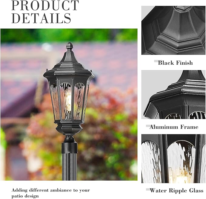 Emliviar 82 Inch Outdoor Post Light Hard Wired Exterior Water Ripple Glass Street Light Fixture for Garden in Black Finish E26 Base 100W Max XE304PL BK-SW