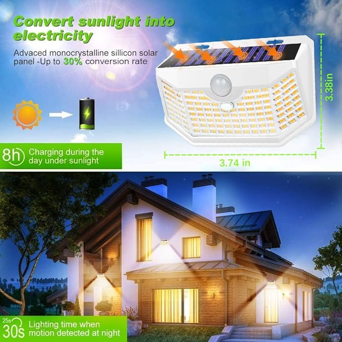 HMCITY 120 LED Solar Lights Outdoor with Motion Sensor and 3 Lighting Modes IP65 Waterproof Wide Solar Wall Lights Ideal for Garden Patio Yard (Front Button 6Packs White Shell-Warm White)