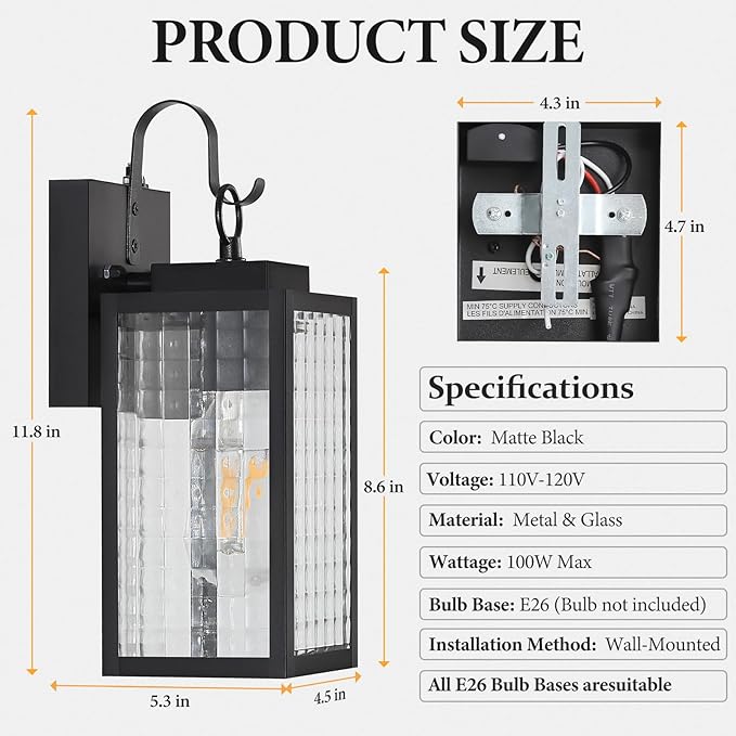 11.8-inch Dusk to Dawn Outdoor Lighting with Checkered Glass IP65 Waterproof All-Metal Black Exterior Light Fixture Outdoor Porch Light for Front Door Garage Patio